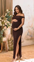 Coffee Brown One-Shoulder Maternity Midi Dress – Milk Silk Bodycon Side Slit Elegant Gown