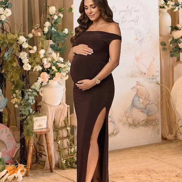 Coffee Brown One-Shoulder Maternity Midi Dress – Milk Silk Bodycon Side Slit Elegant Gown