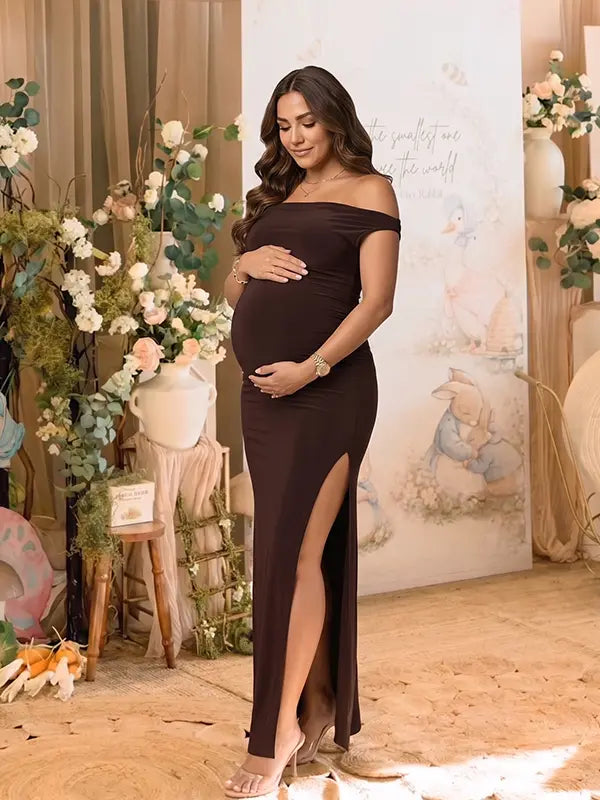 Coffee Brown One-Shoulder Maternity Midi Dress – Milk Silk Bodycon Side Slit Elegant Gown
