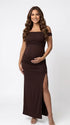 Coffee Brown One-Shoulder Maternity Midi Dress – Milk Silk Bodycon Side Slit Elegant Gown