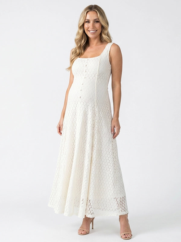 Cream Lace Button-Front Belt A-line Tank Maternity Maxi Dress