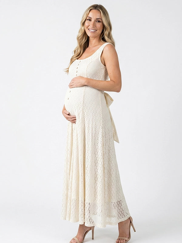 Cream Lace Button-Front Belt A-line Tank Maternity Maxi Dress