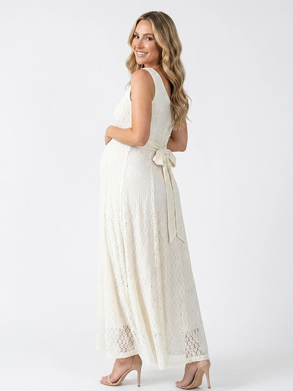Cream Lace Button-Front Belt A-line Tank Maternity Maxi Dress