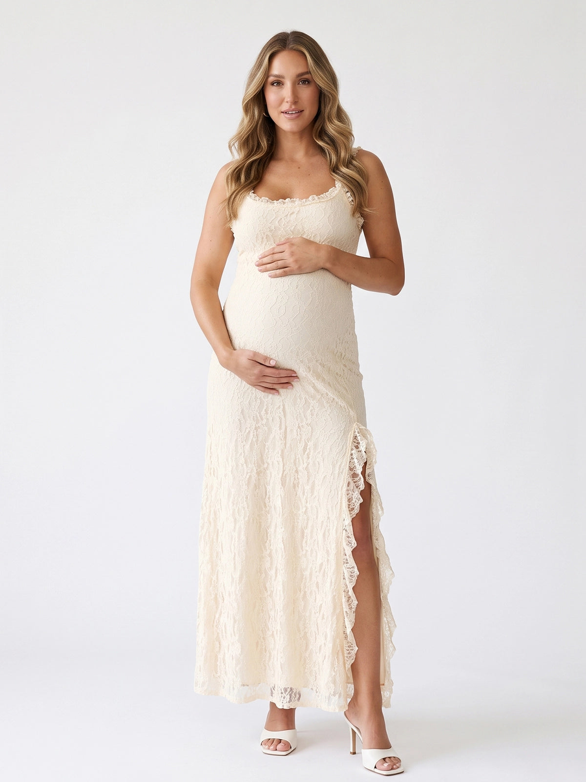 Cream Lace Open Back High Slit Maternity Maxi Dress
