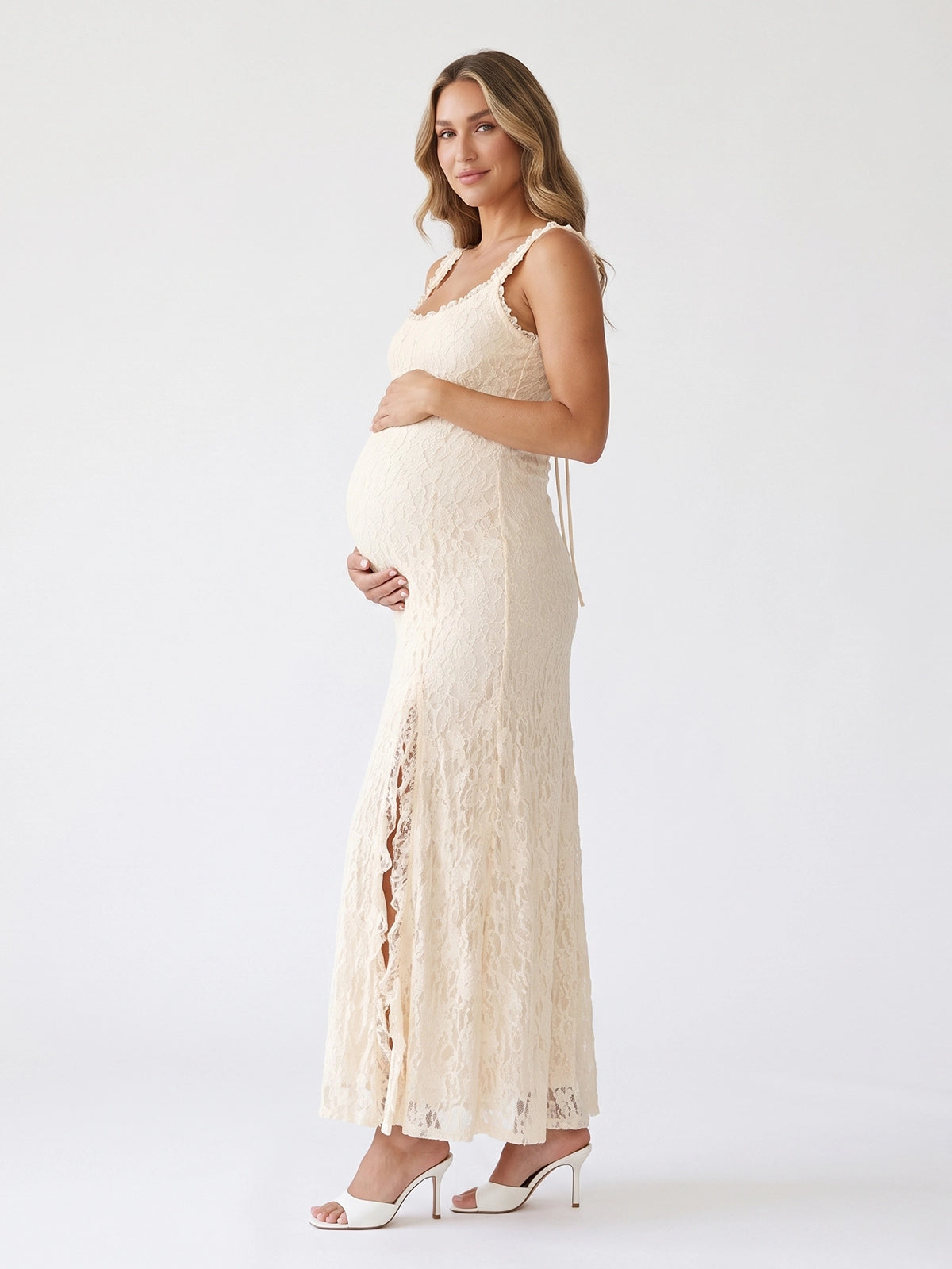Cream Lace Open Back High Slit Maternity Maxi Dress
