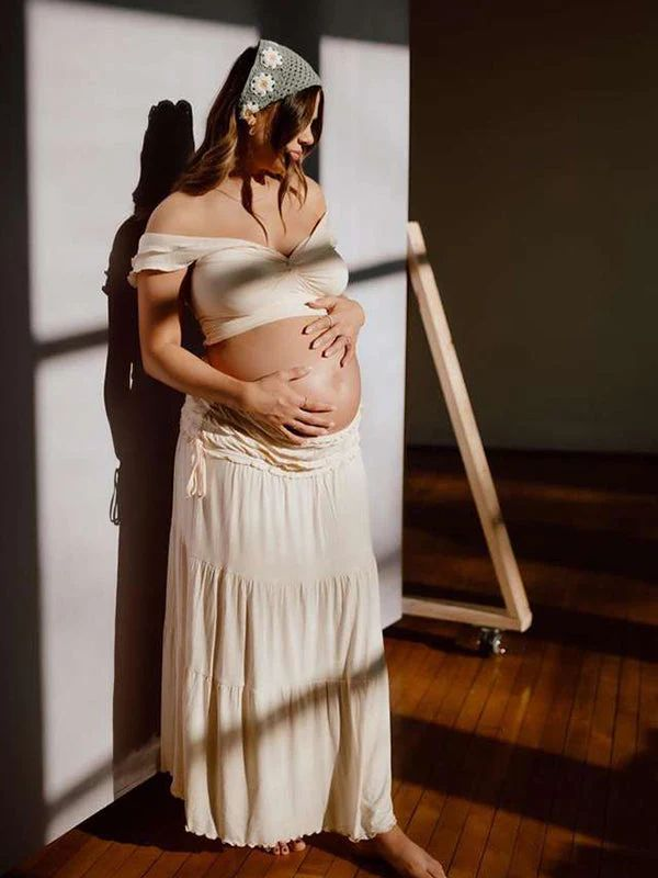Cream Off Shoulder Ruffle Two-Piece Maternity Maxi Set