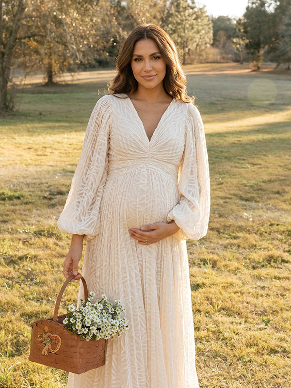 Cream Pleated V-Neck Puff Sleeve Big Swing Boho Maternity Maxi Dress