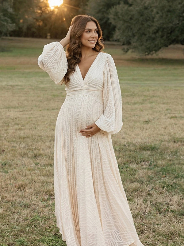 Cream Pleated V-Neck Puff Sleeve Big Swing Boho Maternity Maxi Dress