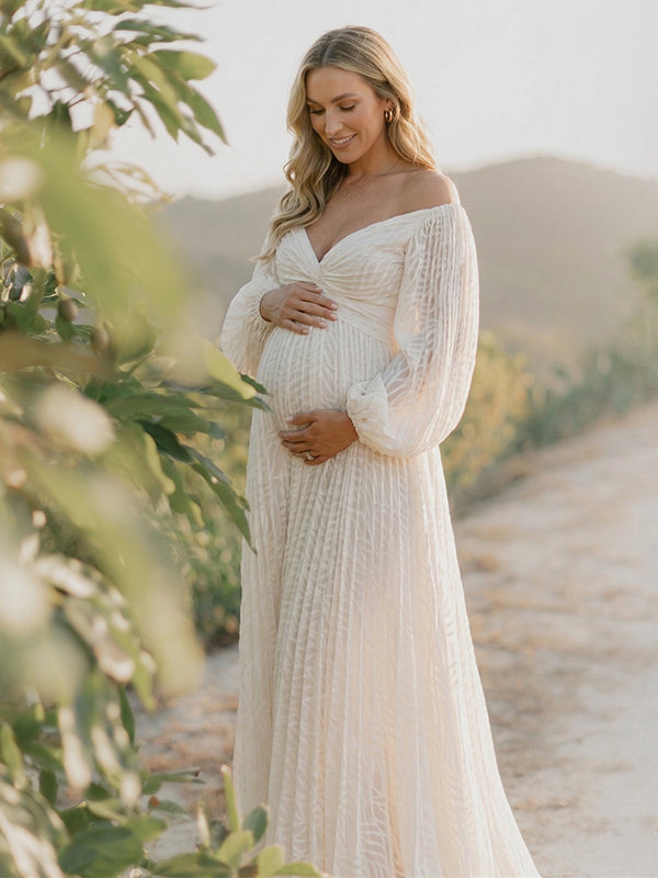 Cream Pleated V-Neck Puff Sleeve Big Swing Boho Maternity Maxi Dress – Bumplook
