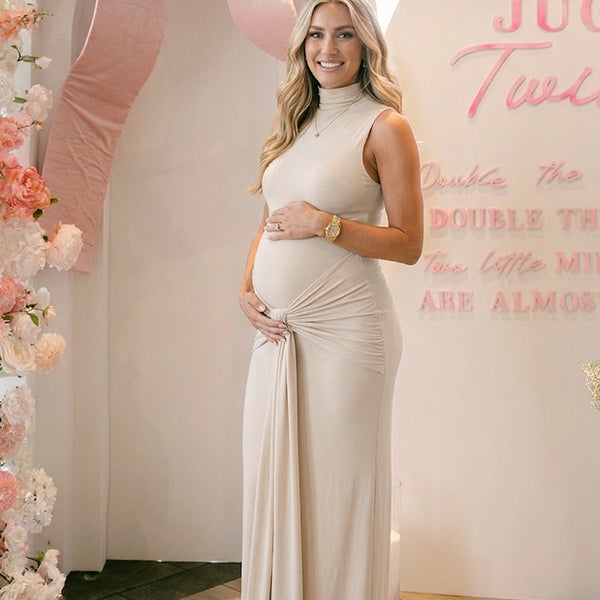 Cream Sleeveless Mock Neck Knotted Draped Maternity Maxi Dress