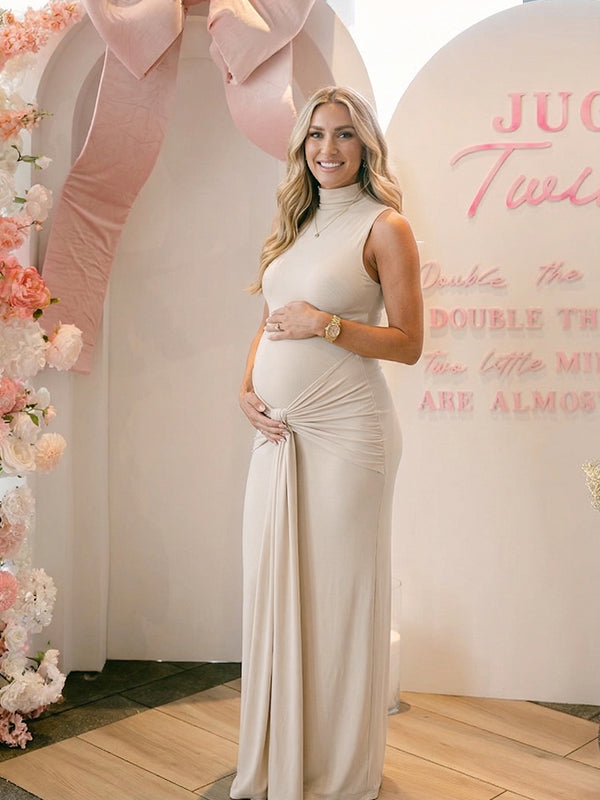 Cream Sleeveless Mock Neck Knotted Draped Maternity Maxi Dress