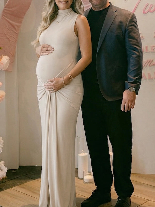 Cream Sleeveless Mock Neck Knotted Draped Maternity Maxi Dress