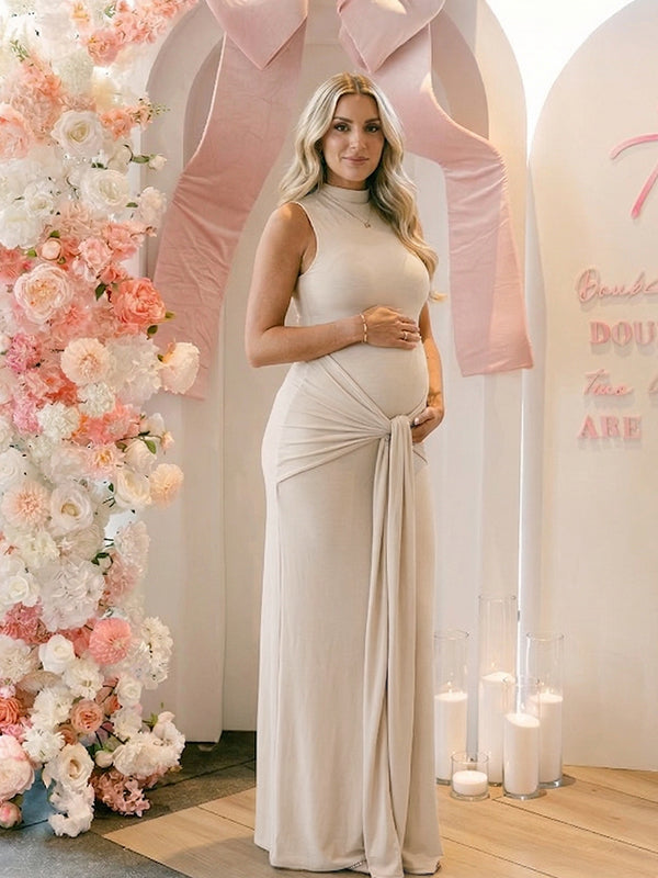Cream Sleeveless Mock Neck Knotted Draped Maternity Maxi Dress