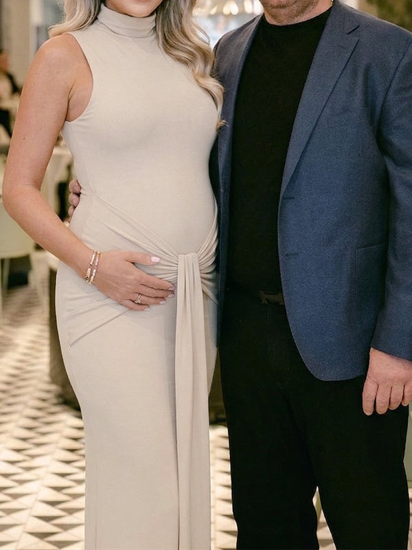 Cream Sleeveless Mock Neck Knotted Draped Maternity Maxi Dress