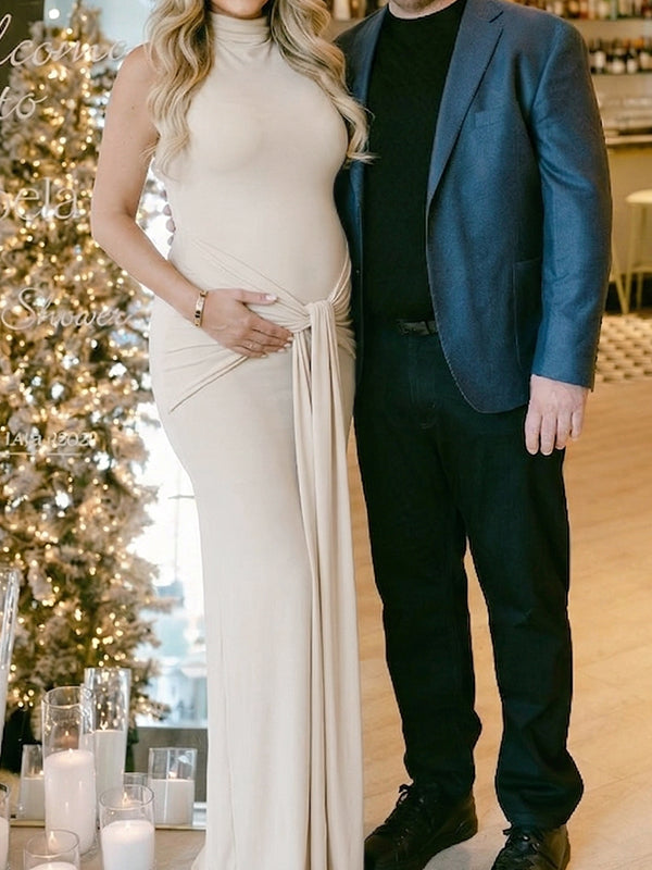 Cream Sleeveless Mock Neck Knotted Draped Maternity Maxi Dress