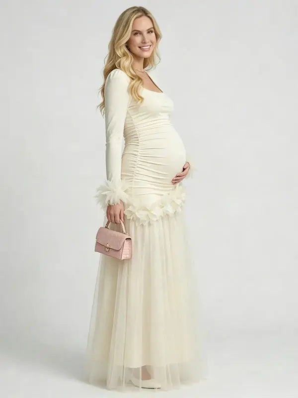 Apricot maternity dress,  Baby shower dress, Long sleeves maternity dress, mesh maternity maxi dress, gender reveal dress