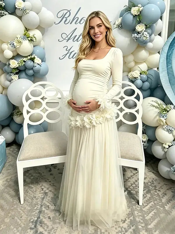 Apricot maternity dress,  Baby shower dress, Long sleeves maternity dress, mesh maternity maxi dress, gender reveal dress
