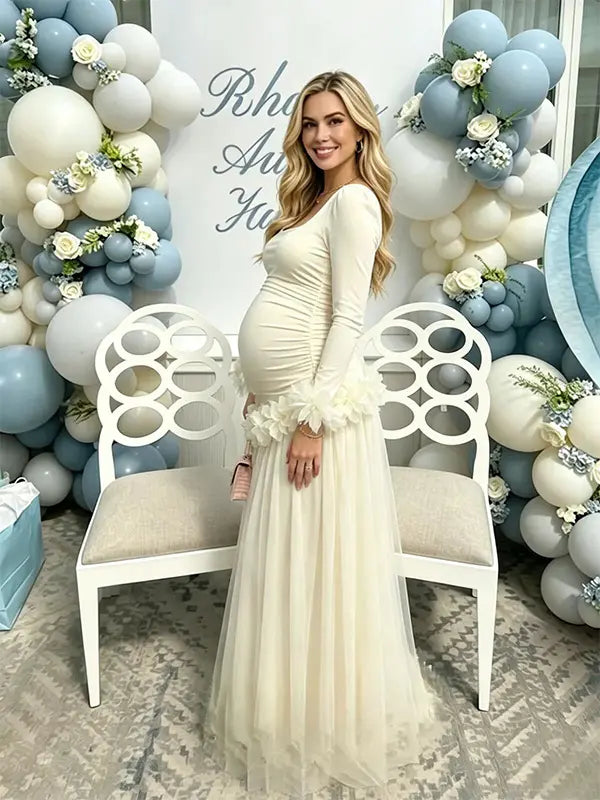 Apricot maternity dress,  Baby shower dress, Long sleeves maternity dress, mesh maternity maxi dress, gender reveal dress