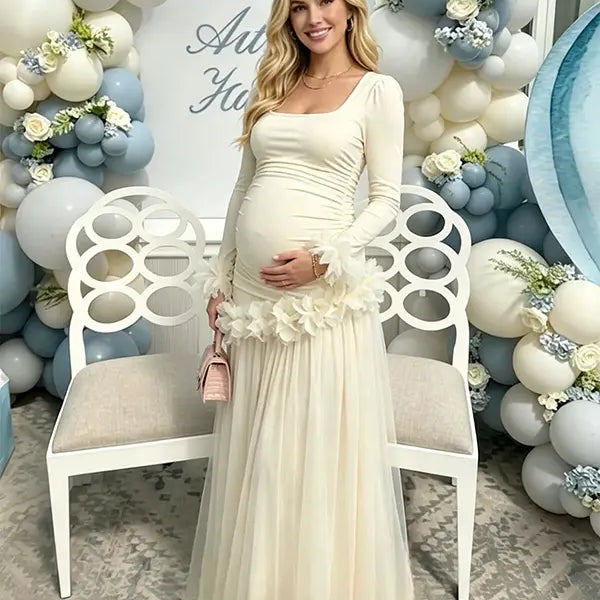 Apricot maternity dress,  Baby shower dress, Long sleeves maternity dress, mesh maternity maxi dress, gender reveal dress
