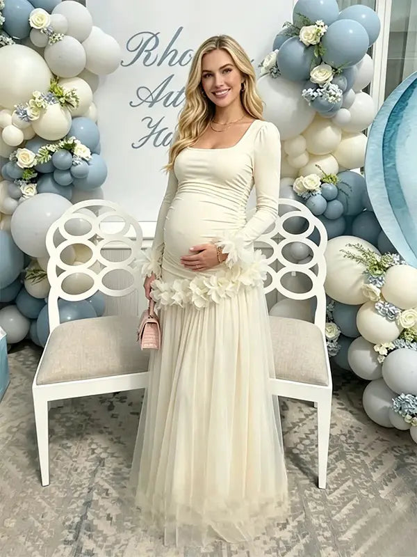 Apricot maternity dress,  Baby shower dress, Long sleeves maternity dress, mesh maternity maxi dress, gender reveal dress