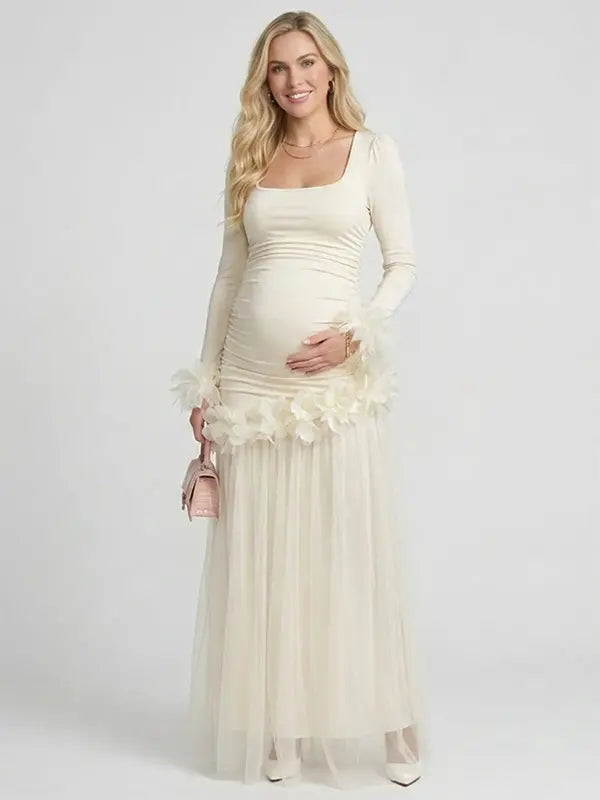 Apricot maternity dress,  Baby shower dress, Long sleeves maternity dress, mesh maternity maxi dress, gender reveal dress