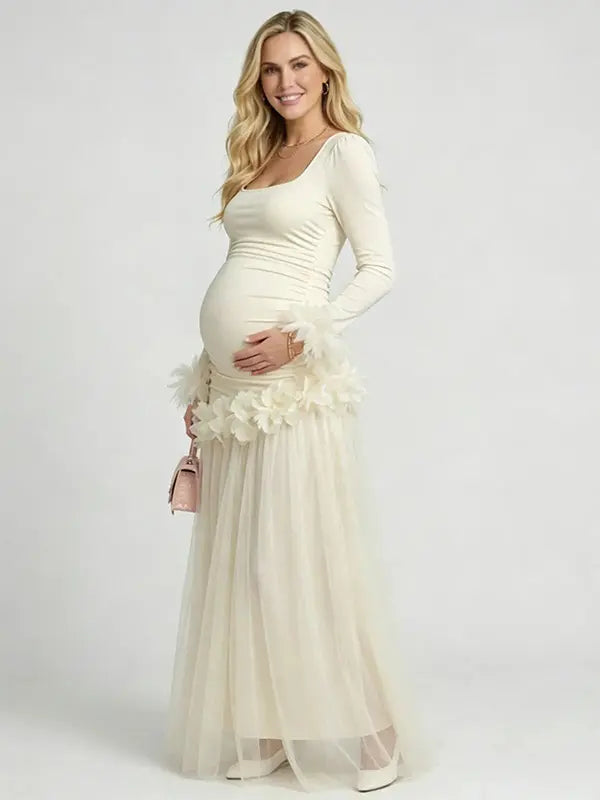 Apricot maternity dress,  Baby shower dress, Long sleeves maternity dress, mesh maternity maxi dress, gender reveal dress
