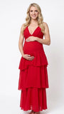 Crimson Red Tiered Ruffle Backless Maternity Maxi Dress