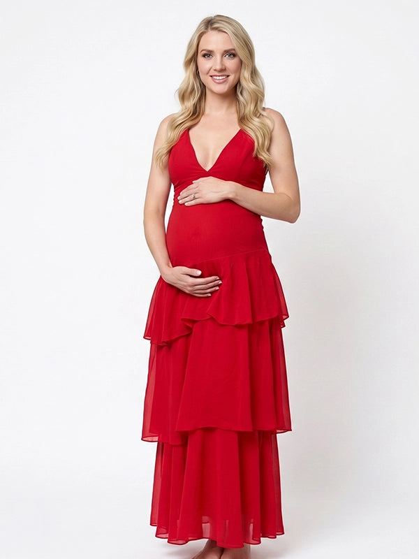 Crimson Red Tiered Ruffle Backless Maternity Maxi Dress