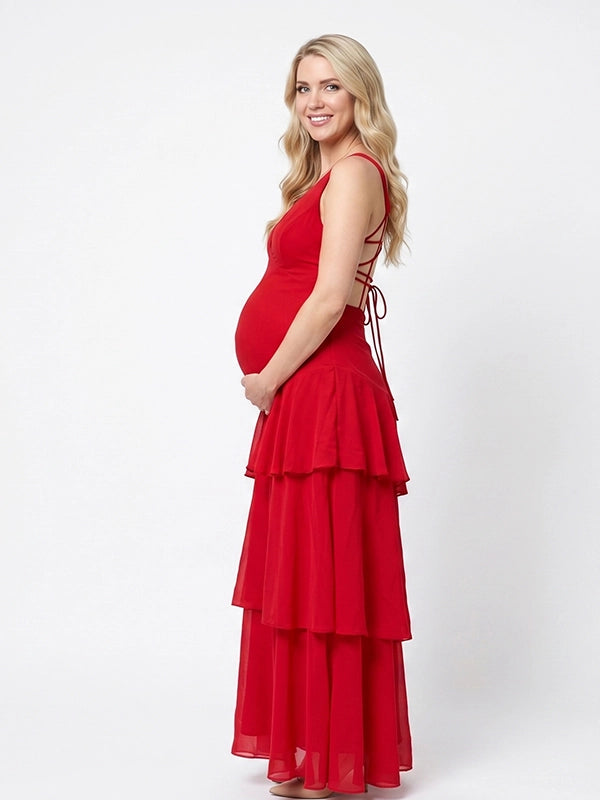 Crimson Red Tiered Ruffle Backless Maternity Maxi Dress