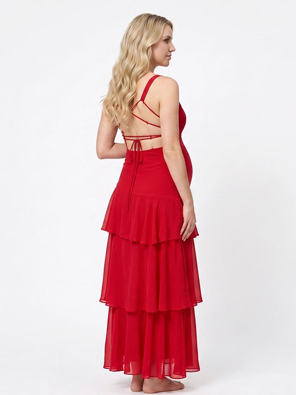 Crimson Red Tiered Ruffle Backless Maternity Maxi Dress