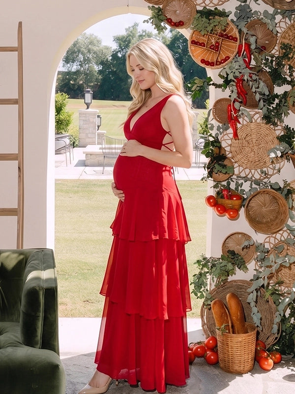 Crimson Red Tiered Ruffle Backless Maternity Maxi Dress