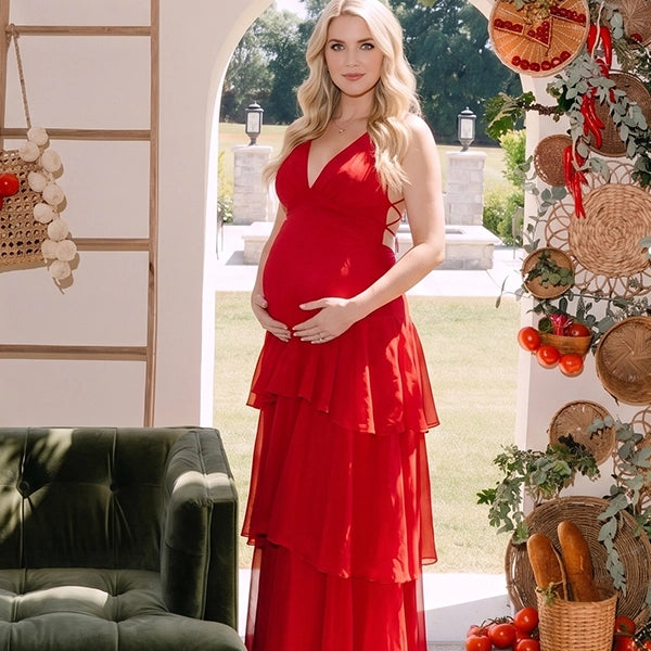 Crimson Red Tiered Ruffle Backless Maternity Maxi Dress