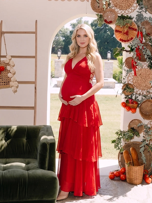 Crimson Red Tiered Ruffle Backless Maternity Maxi Dress