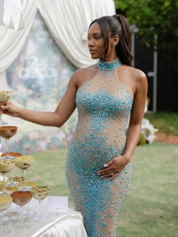 Crystallized Blue Rhinestone High Neck Maternity Maxi Dress — Luxury Pregnancy Gown