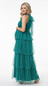 Dark Green Halter Maternity Tulle Maxi Dress – Tiered Ruffle Gown, Adjustable Tie Neck Baby Shower & Photoshoot Dress