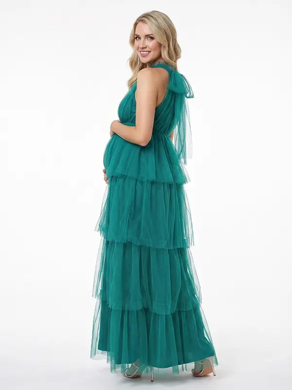 Dark Green Halter Maternity Tulle Maxi Dress
