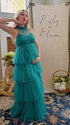 Dark Green Halter Maternity Tulle Maxi Dress – Tiered Ruffle Gown, Adjustable Tie Neck Baby Shower & Photoshoot Dress