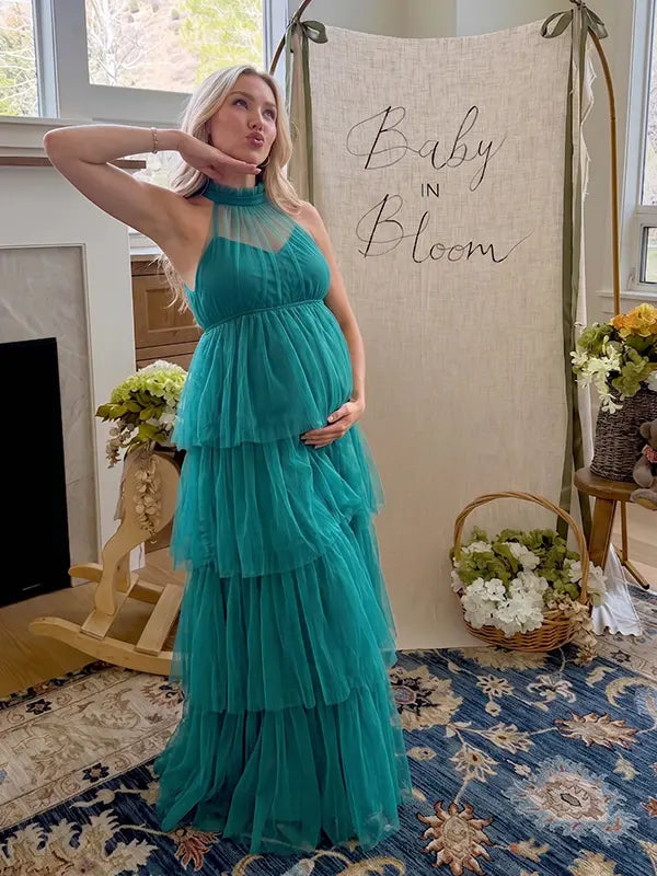 Dark Green Halter Maternity Tulle Maxi Dress