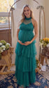 Dark Green Halter Maternity Tulle Maxi Dress – Tiered Ruffle Gown, Adjustable Tie Neck Baby Shower & Photoshoot Dress