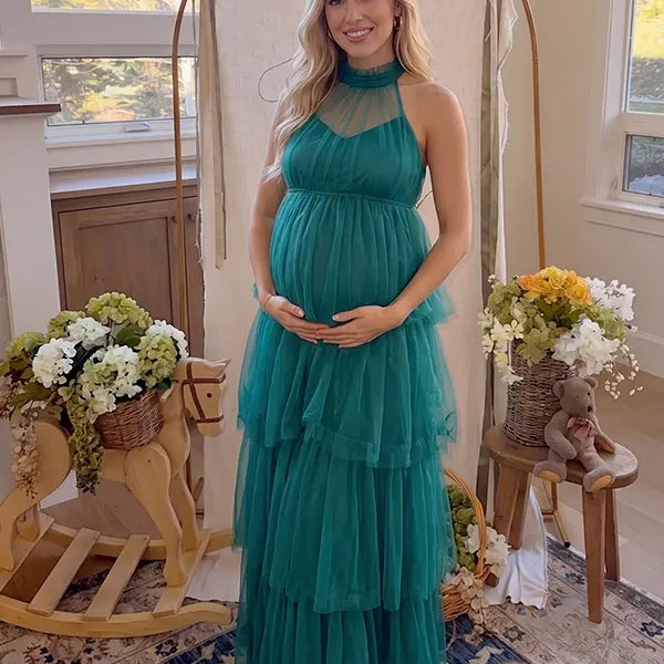 Dark Green Halter Maternity Tulle Maxi Dress – Tiered Ruffle Gown, Adjustable Tie Neck Baby Shower & Photoshoot Dress
