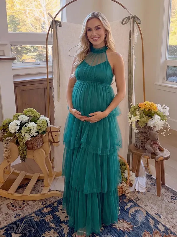 Dark Green Halter Maternity Tulle Maxi Dress – Tiered Ruffle Gown, Adjustable Tie Neck Baby Shower & Photoshoot Dress