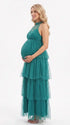 Dark Green Halter Maternity Tulle Maxi Dress – Tiered Ruffle Gown, Adjustable Tie Neck Baby Shower & Photoshoot Dress