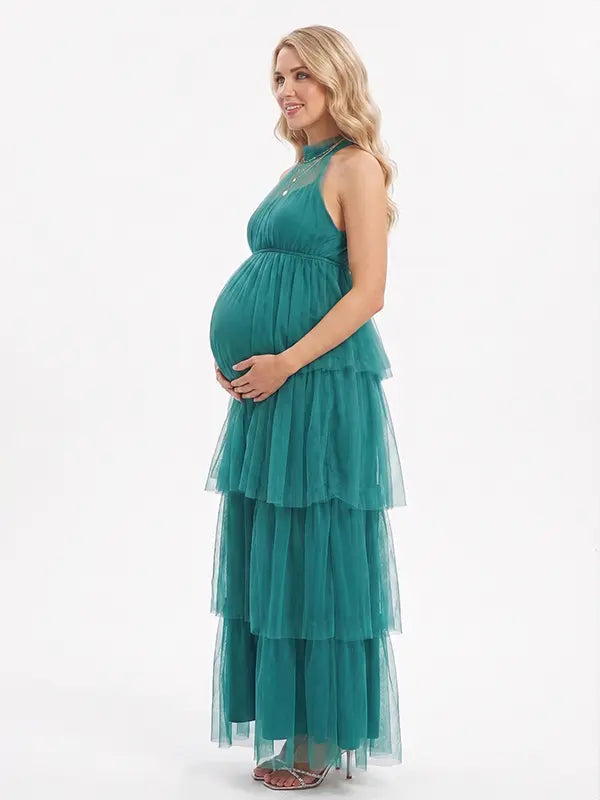 Dark Green Halter Maternity Tulle Maxi Dress – Tiered Ruffle Gown, Adjustable Tie Neck Baby Shower & Photoshoot Dress