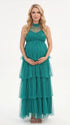 Dark Green Halter Maternity Tulle Maxi Dress – Tiered Ruffle Gown, Adjustable Tie Neck Baby Shower & Photoshoot Dress