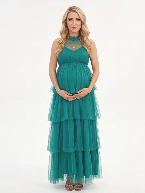 Dark Green Halter Maternity Tulle Maxi Dress