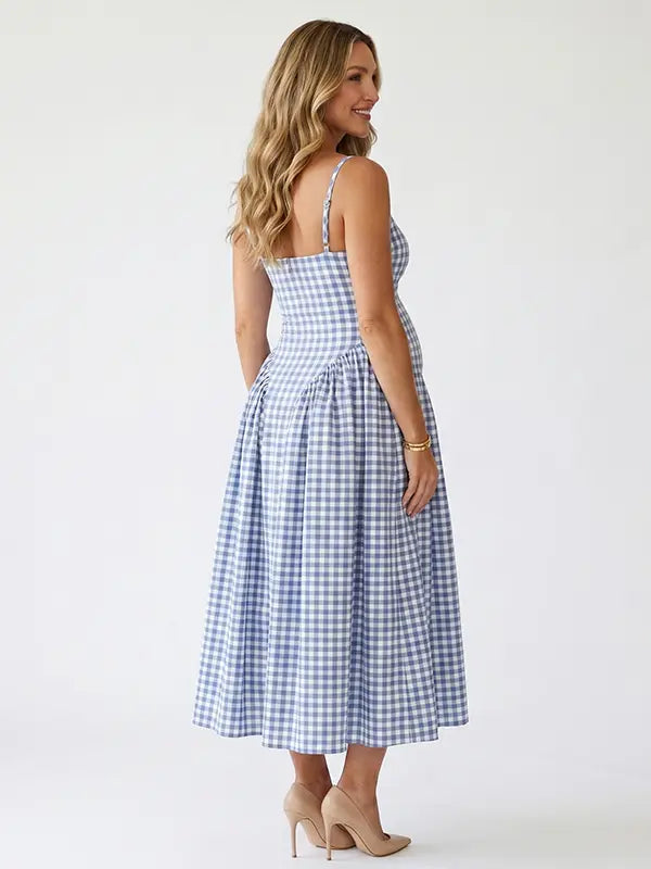 Denim Blue Gingham Maternity Midi Dress — Spaghetti Strap Pregnancy Gown