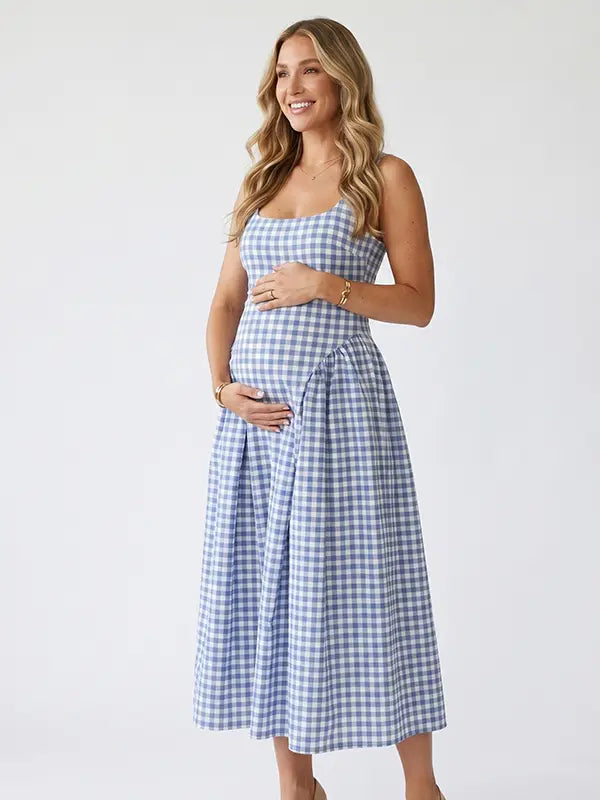Denim Blue Gingham Maternity Midi Dress — Spaghetti Strap Pregnancy Gown