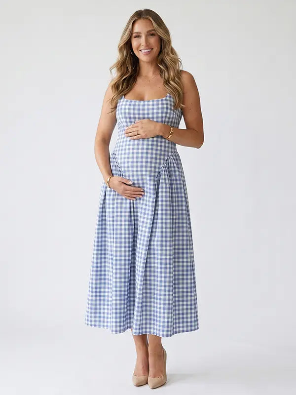 Denim Blue Gingham Maternity Midi Dress — Spaghetti Strap Pregnancy Gown