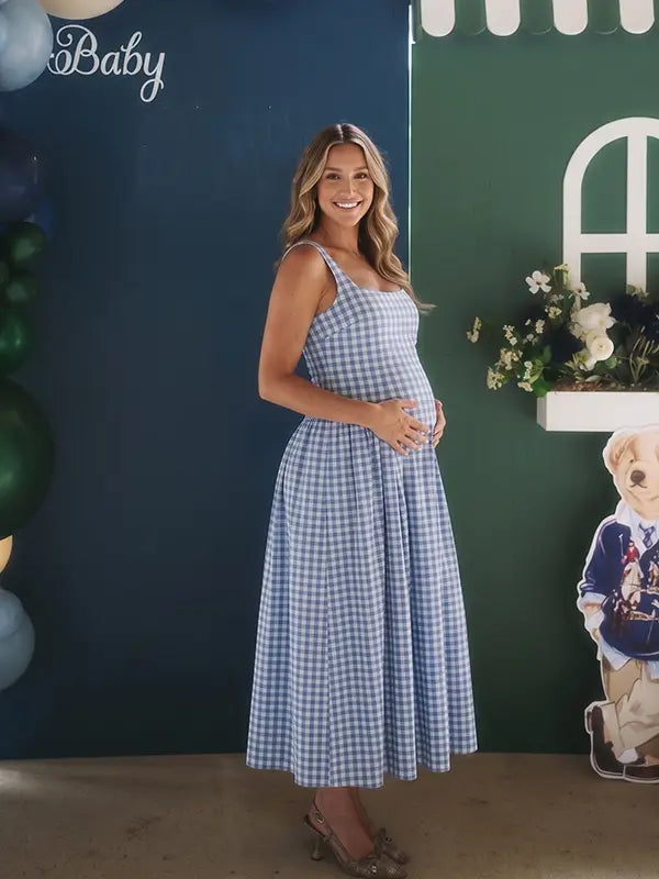 Denim Blue Gingham Maternity Midi Dress — Spaghetti Strap Pregnancy Gown