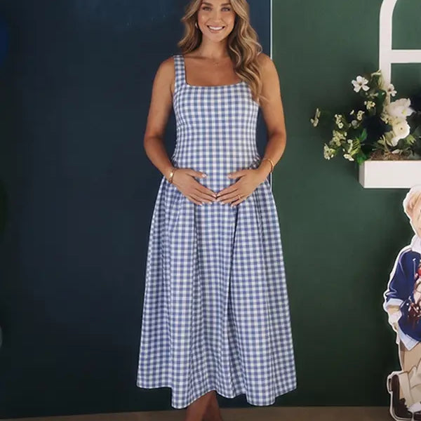 Denim Blue Gingham Maternity Midi Dress — Spaghetti Strap Pregnancy Gown